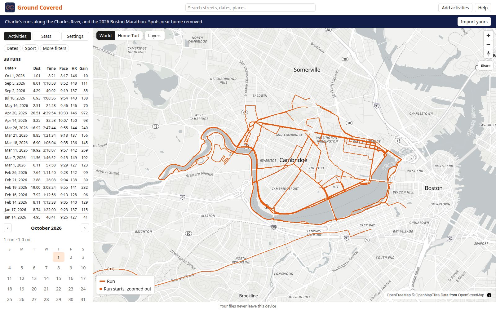 Ground Covered in demo mode: World view of Cambridge and Boston, MA, with Charlie's runs drawn as orange lines along the Charles River and through the streets